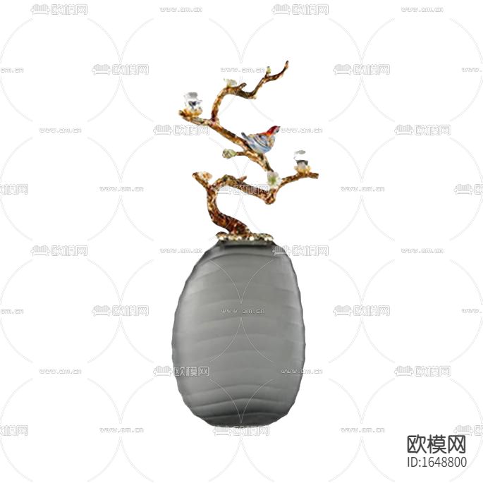 新中式轻奢灰色玻璃铁艺雕刻摆件