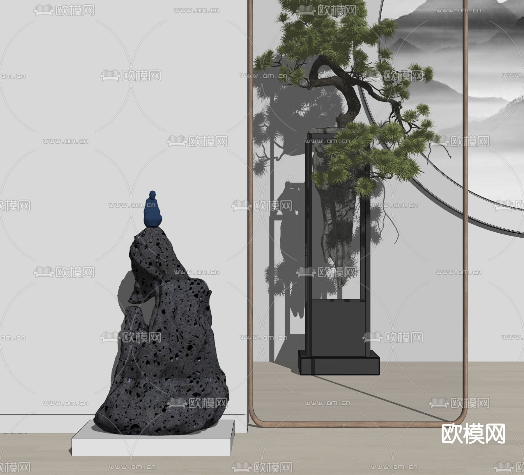 新中式假山盆栽su模型