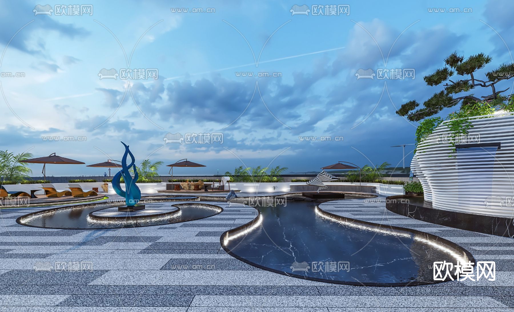 现代办公楼露台景观休息区3d模型下载（渲染图1）
