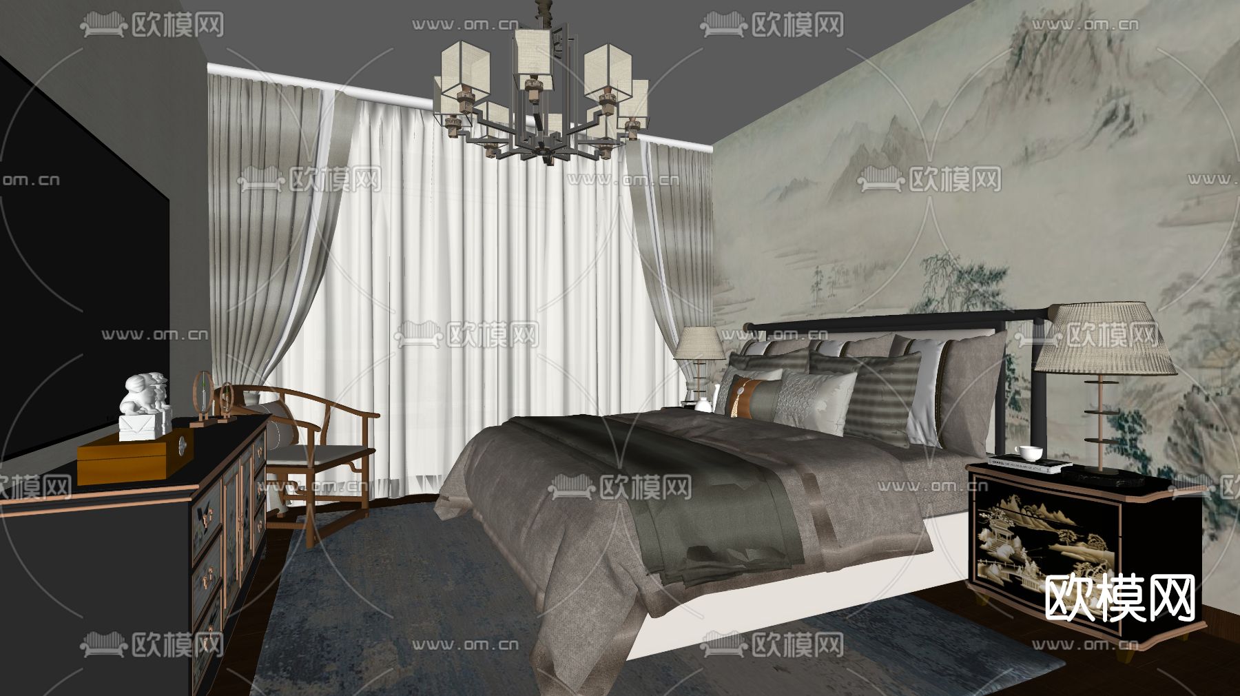 新中式卧室su模型下载（渲染图2）