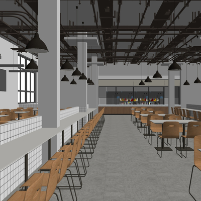  现代员工食堂su模型 