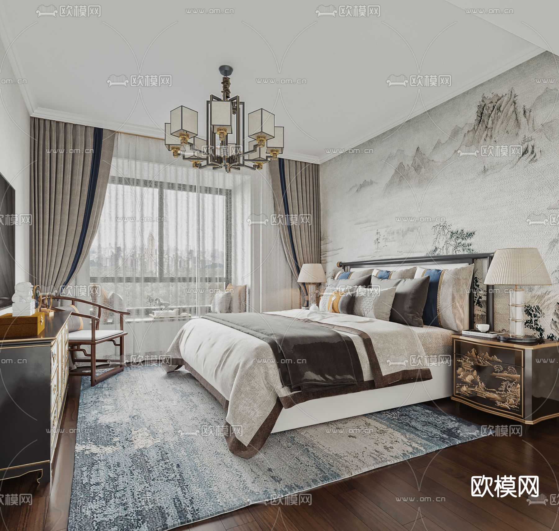 新中式卧室su模型下载（渲染图1）