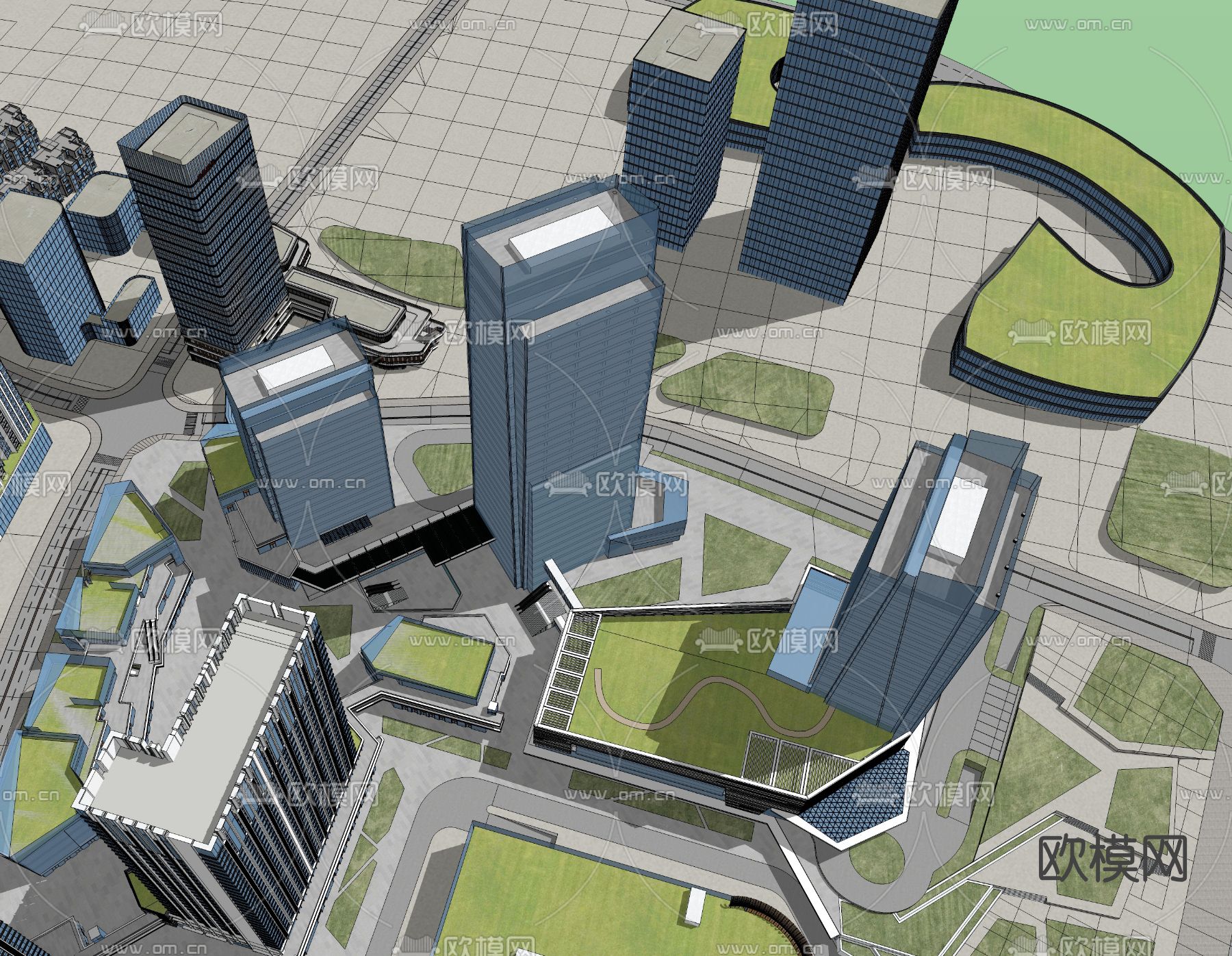 现代办公园区鸟瞰夜景su模型下载（渲染图2）