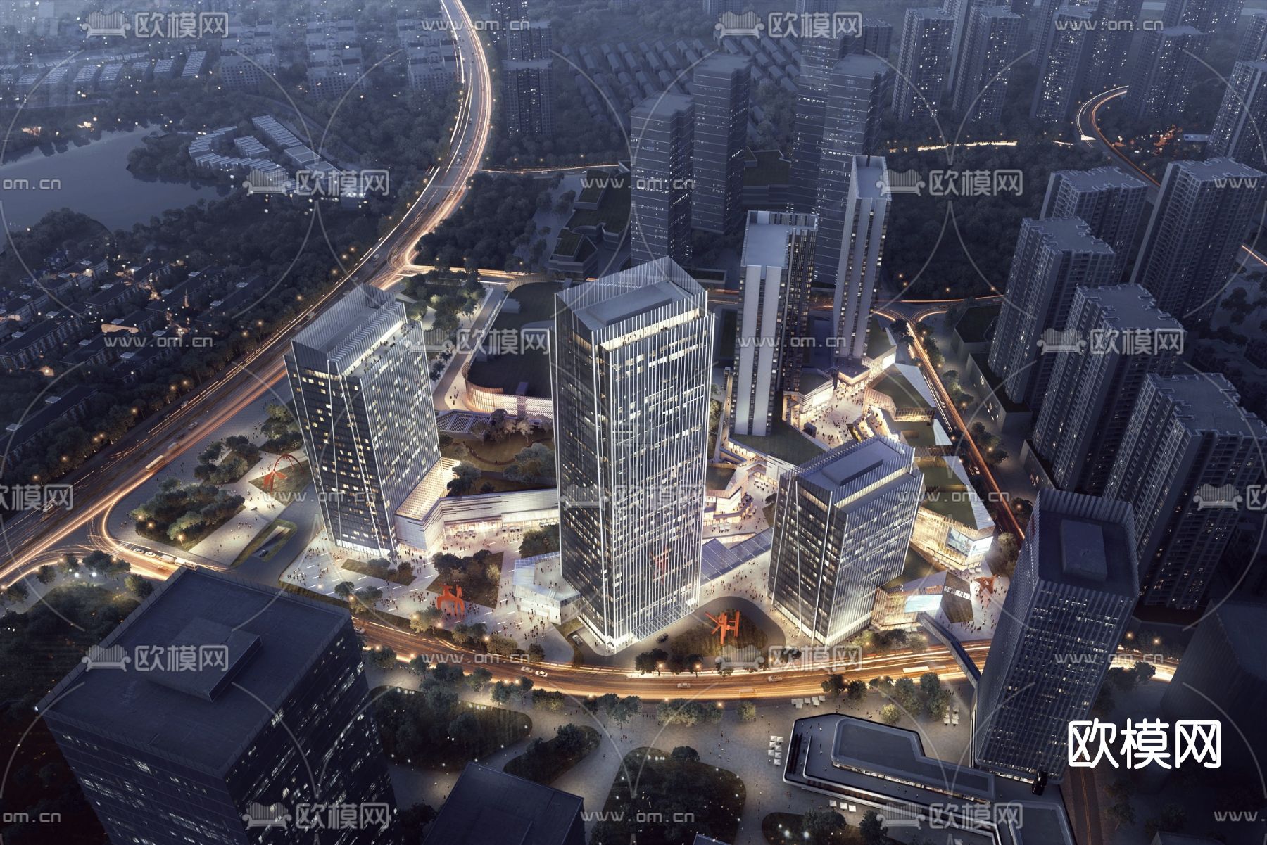 现代办公园区鸟瞰夜景su模型下载（渲染图1）