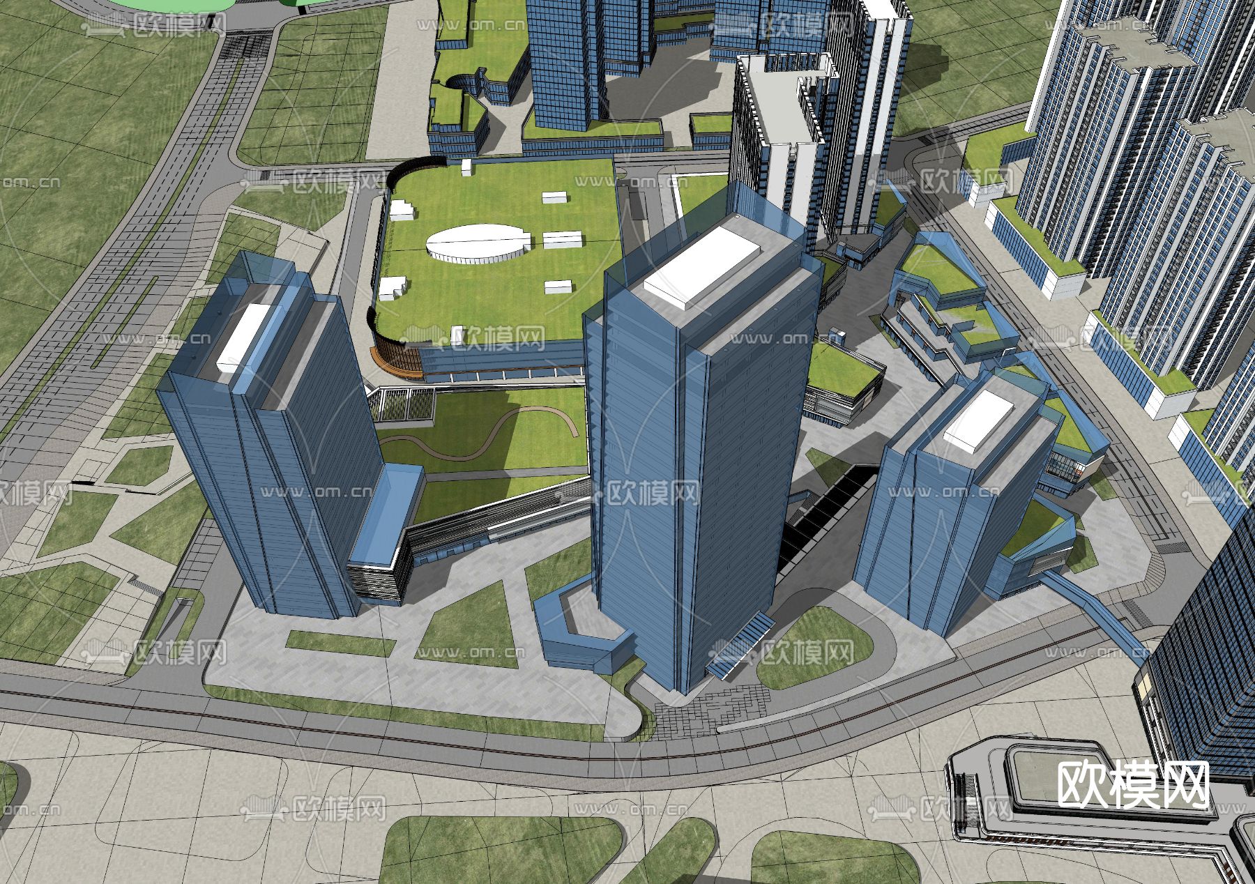 现代办公园区鸟瞰夜景su模型下载（渲染图3）