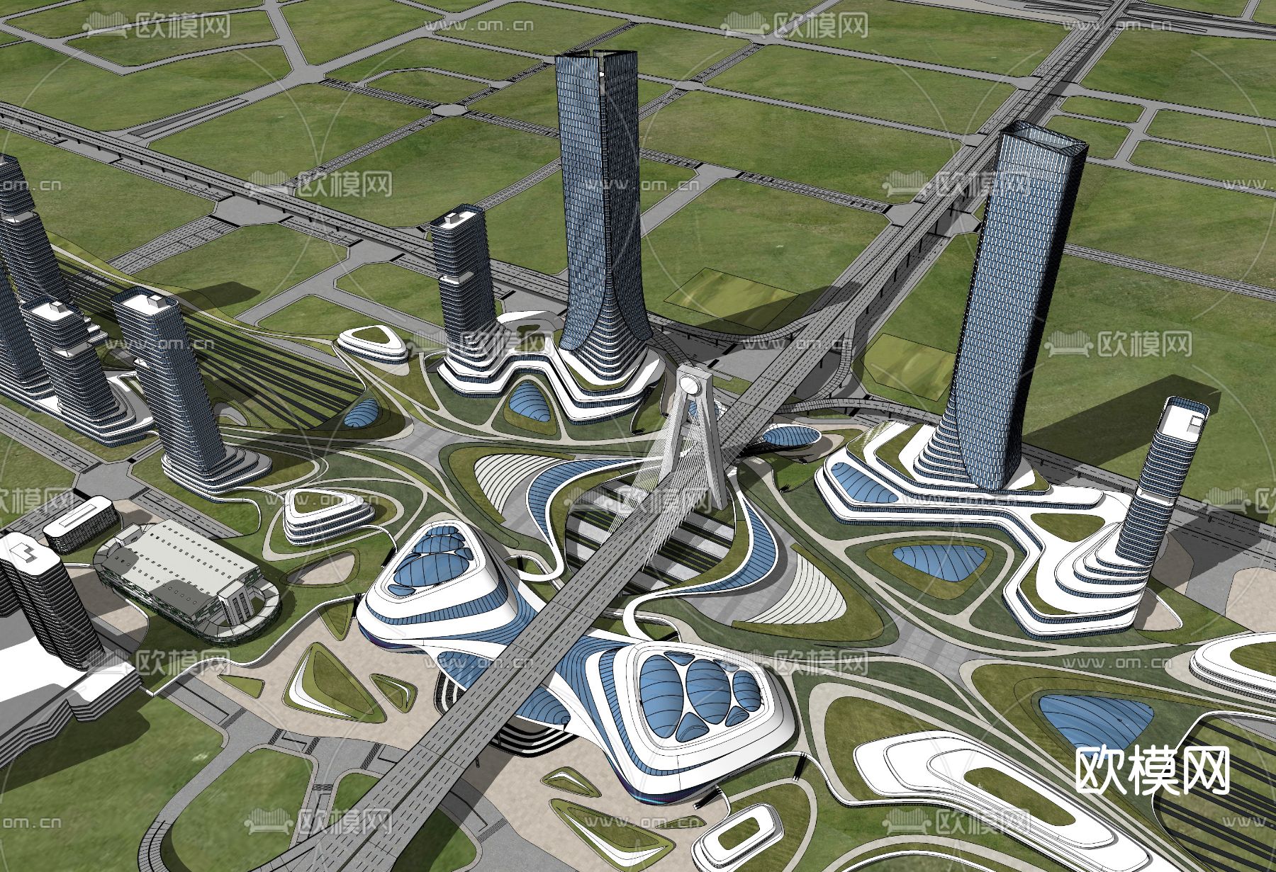 现代办公园区鸟瞰su模型下载（渲染图3）