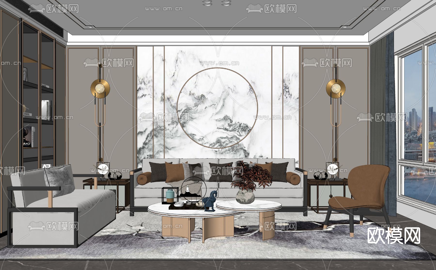 新中式轻奢沙发组合su模型下载（渲染图2）