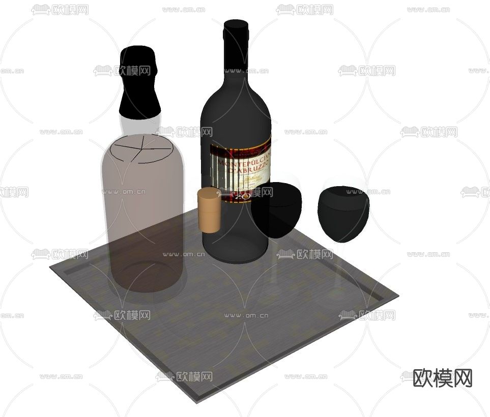现代酒具酒杯酒瓶红酒su模型下载（渲染图2）