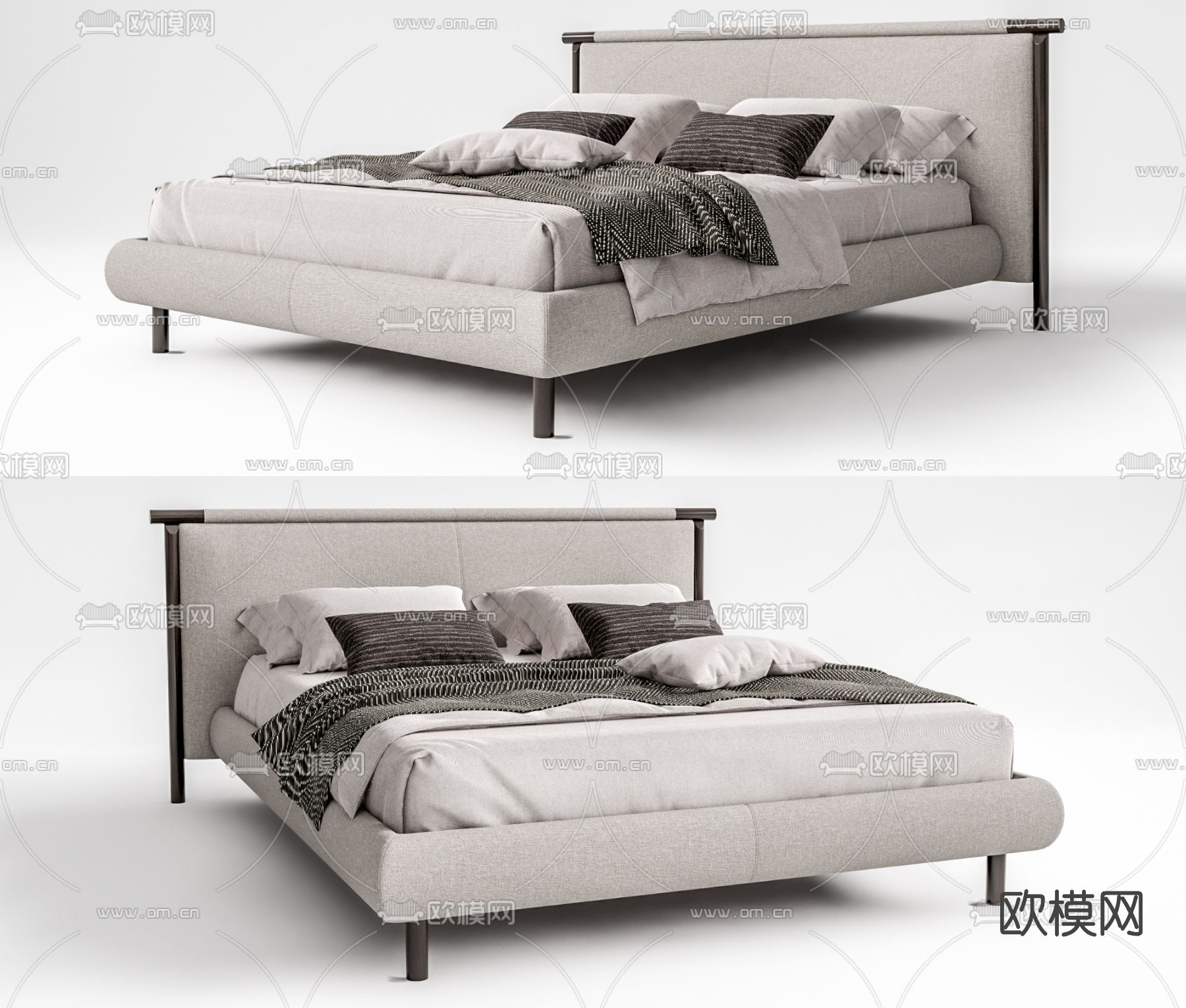 新中式实木双人床su模型下载（渲染图1）