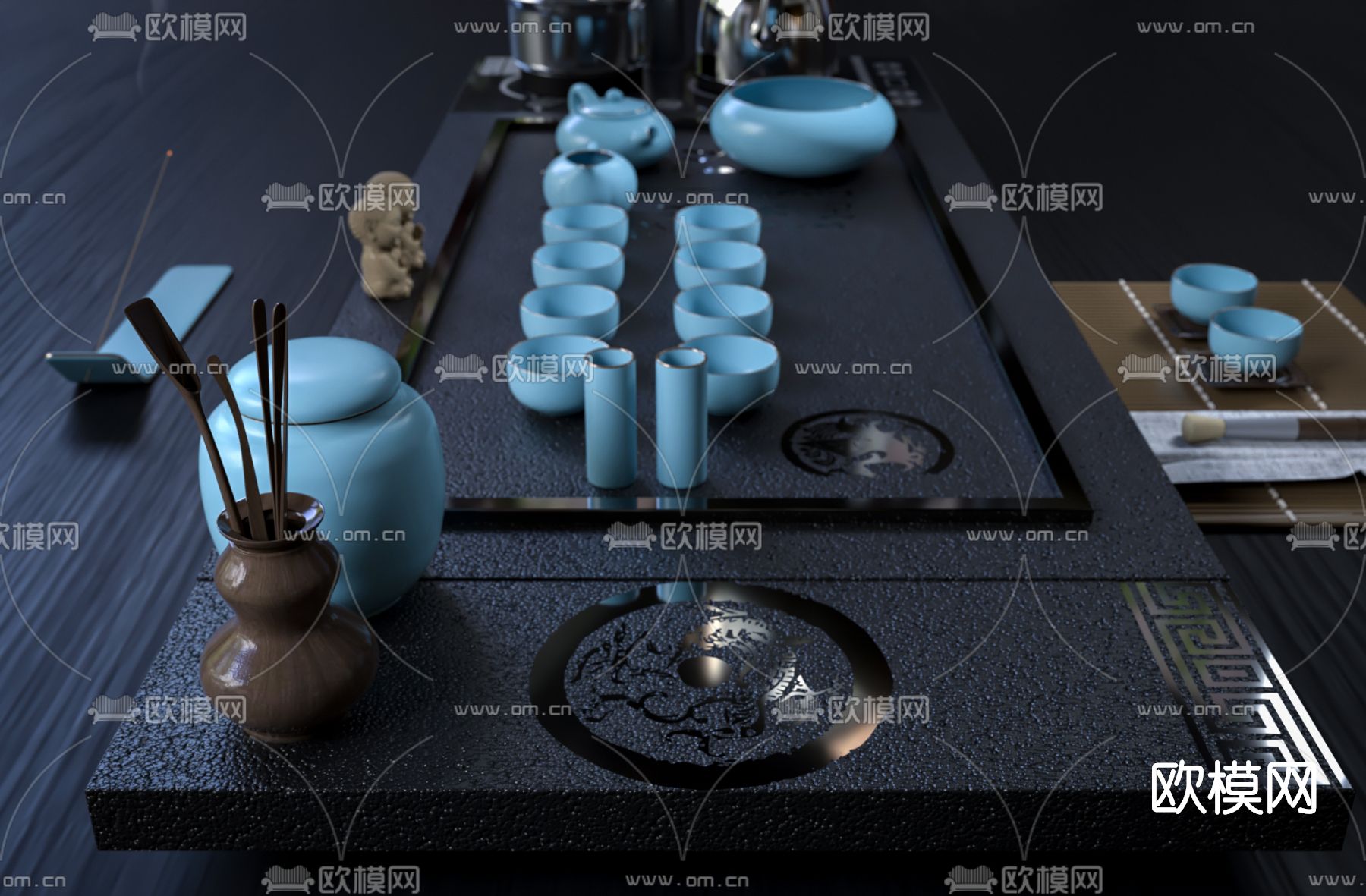新中式茶具茶盘3d模型下载（渲染图3）