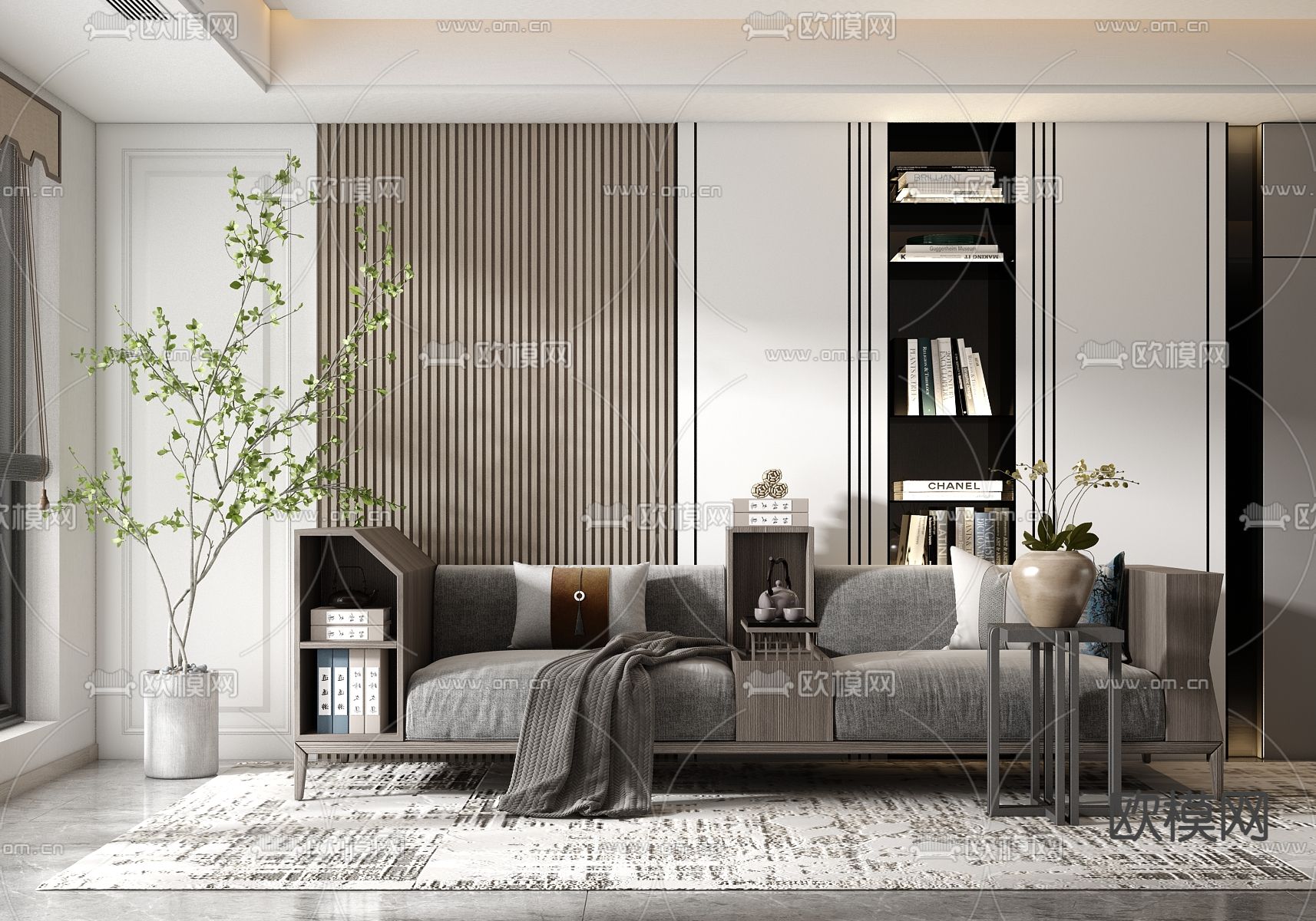 新中式布艺双人沙发3d模型下载