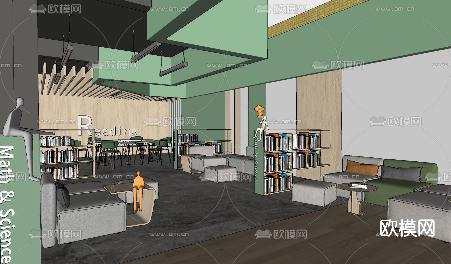 现代图书馆阅览室su模型下载（渲染图4）