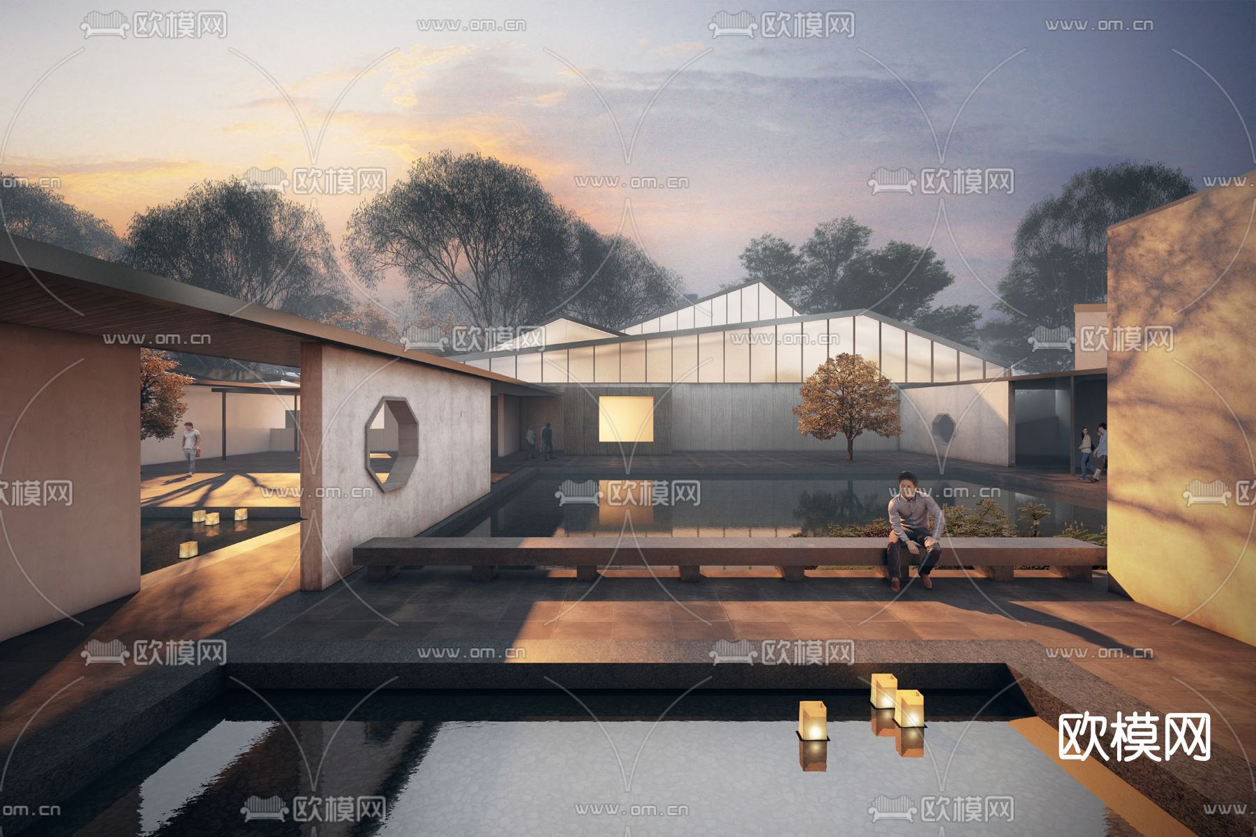 新中式纪念馆博物馆su模型下载（渲染图1）