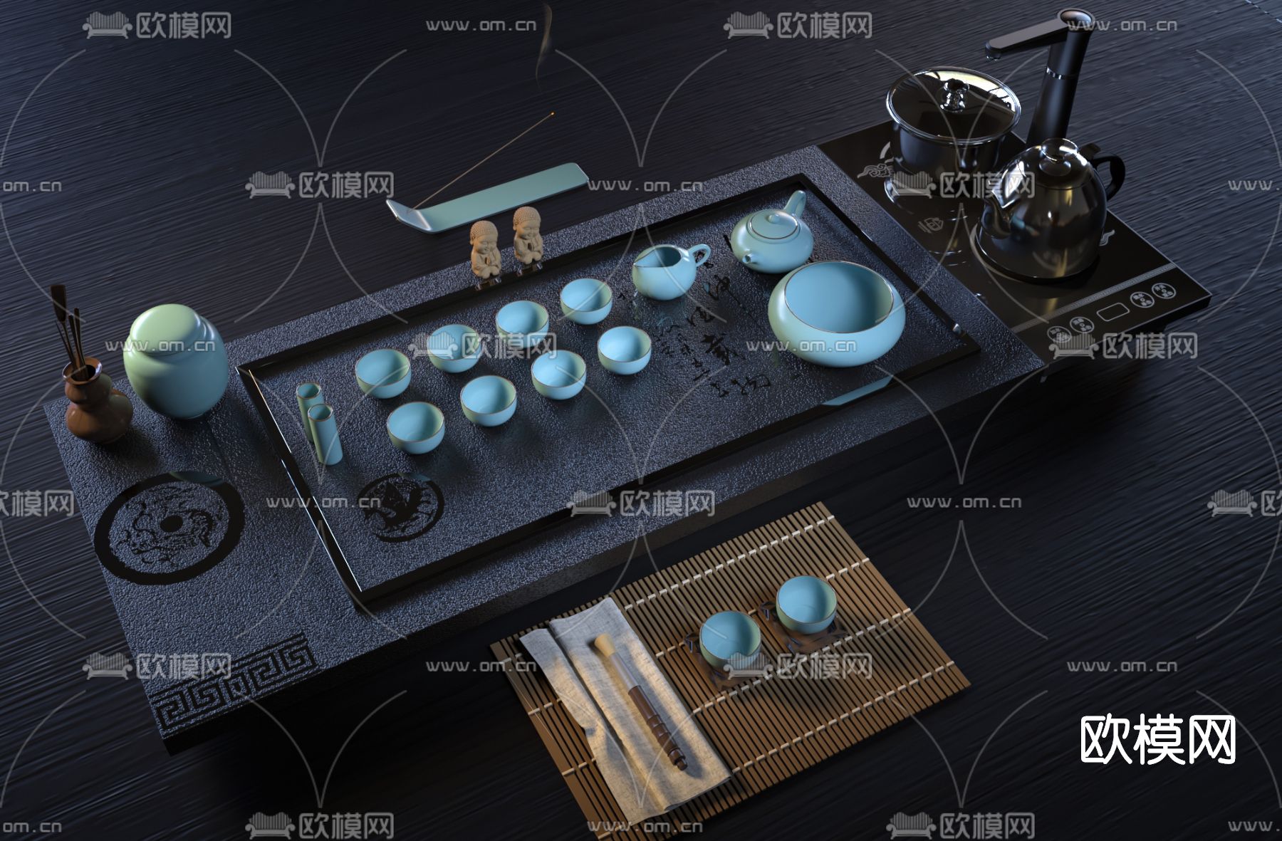 新中式茶具茶盘3d模型下载（渲染图1）