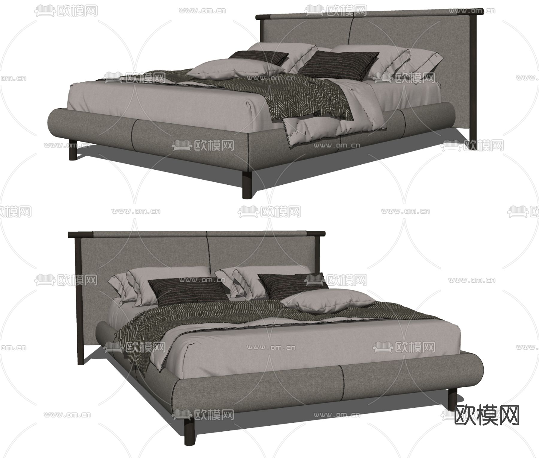 新中式实木双人床su模型下载（渲染图2）