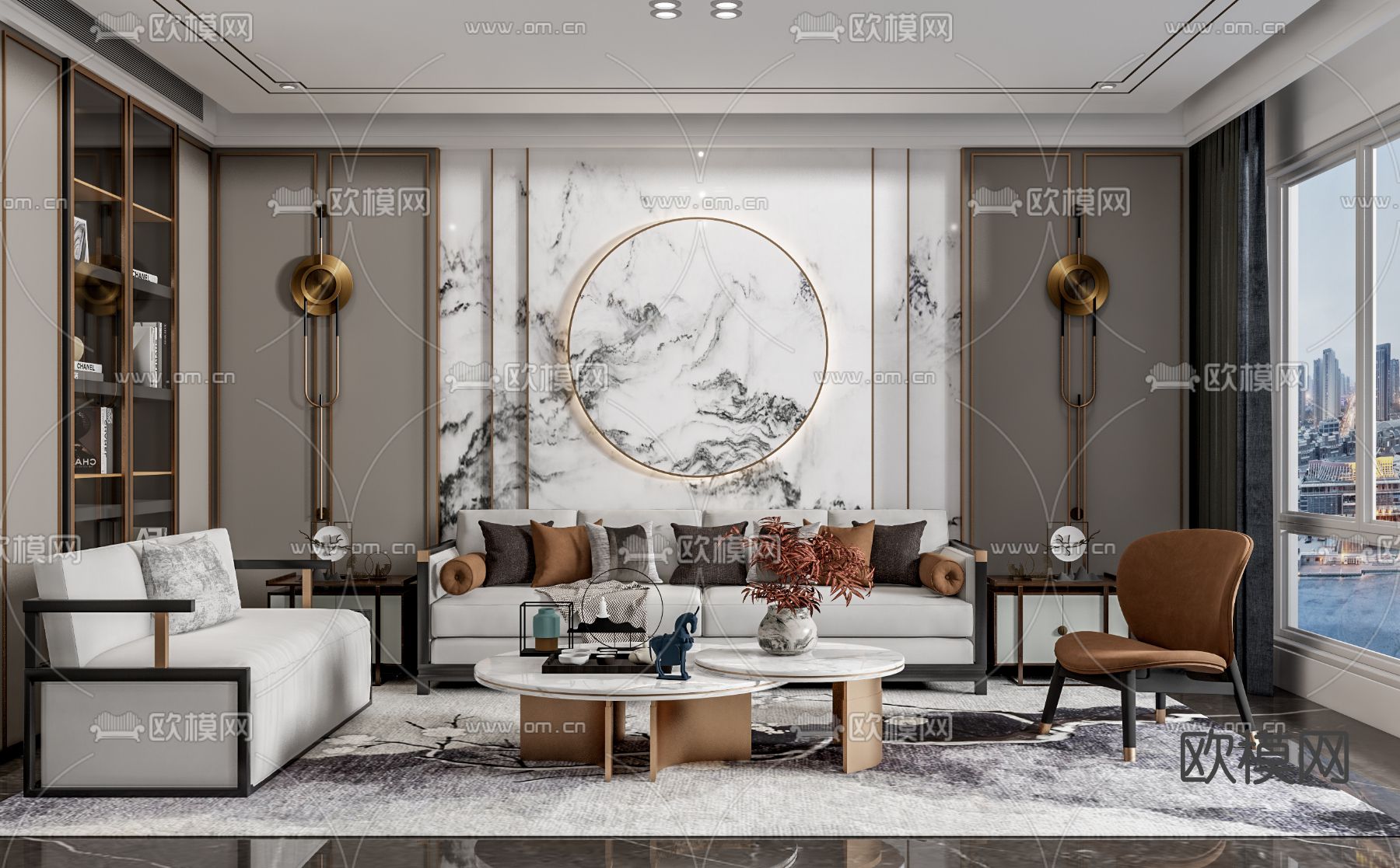 新中式轻奢沙发组合su模型下载（渲染图1）