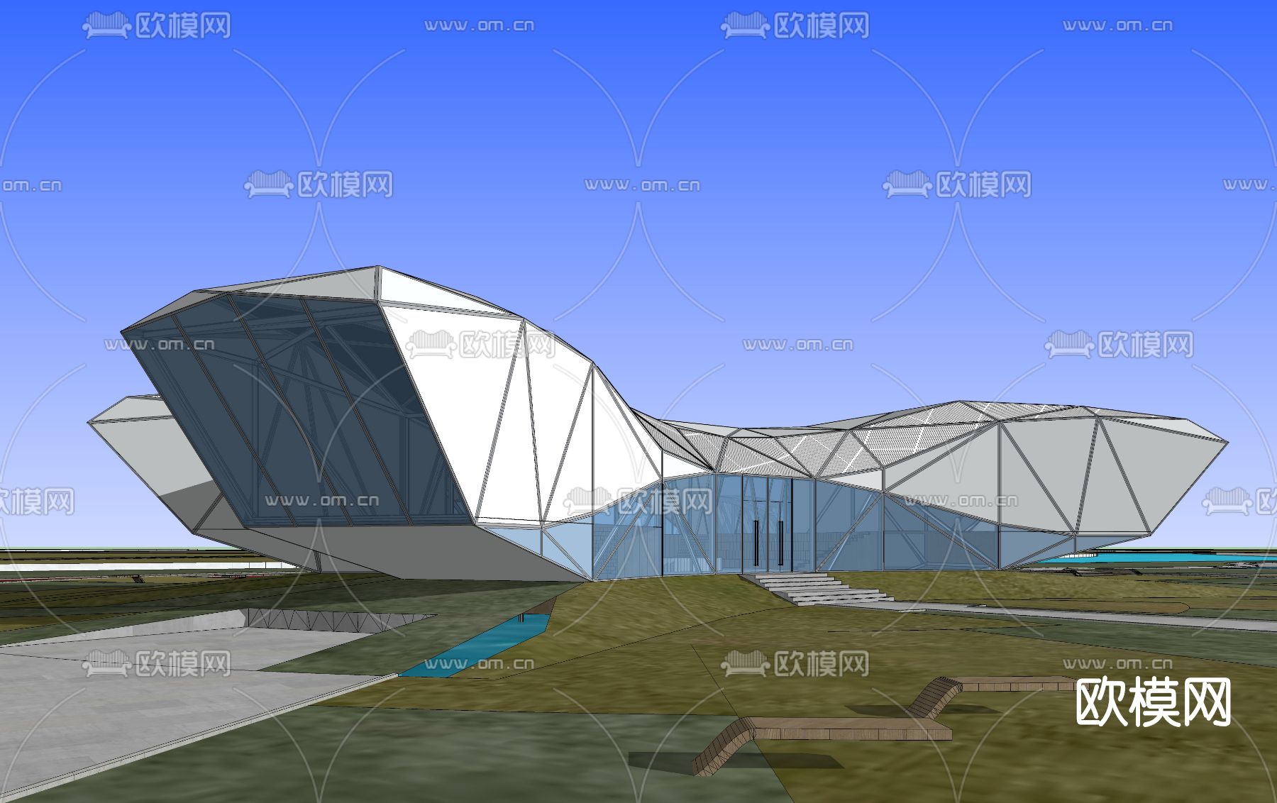 现代展览中心建筑外观su模型下载（渲染图2）