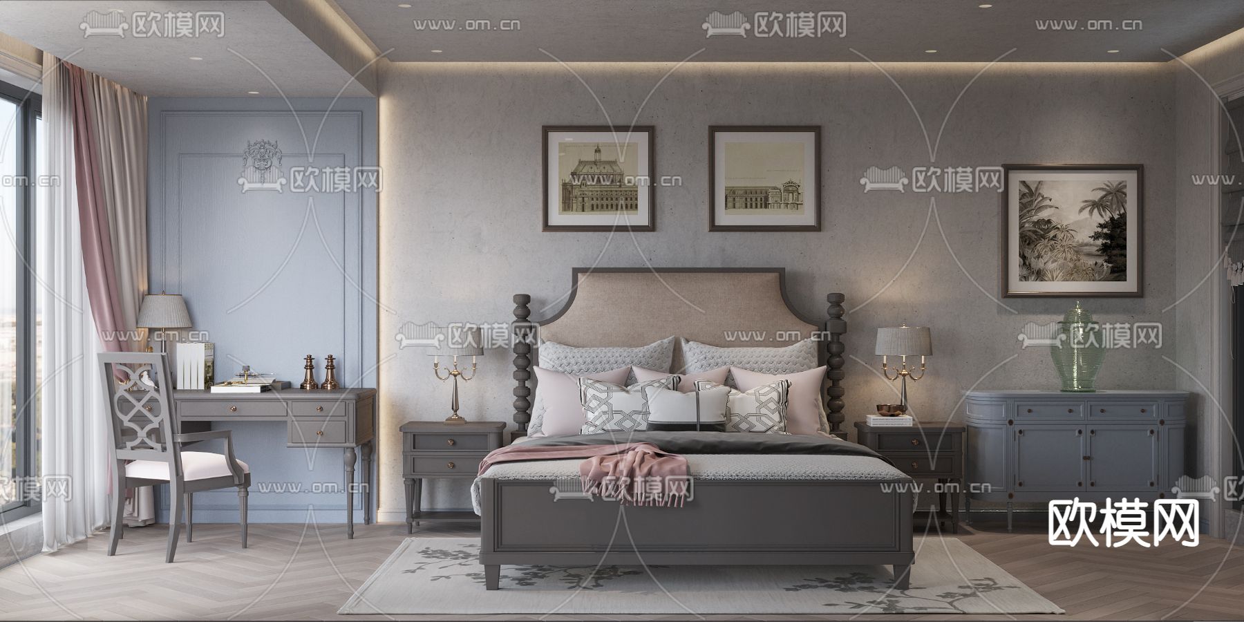 新古典卧室主人房3d模型下载（渲染图1）