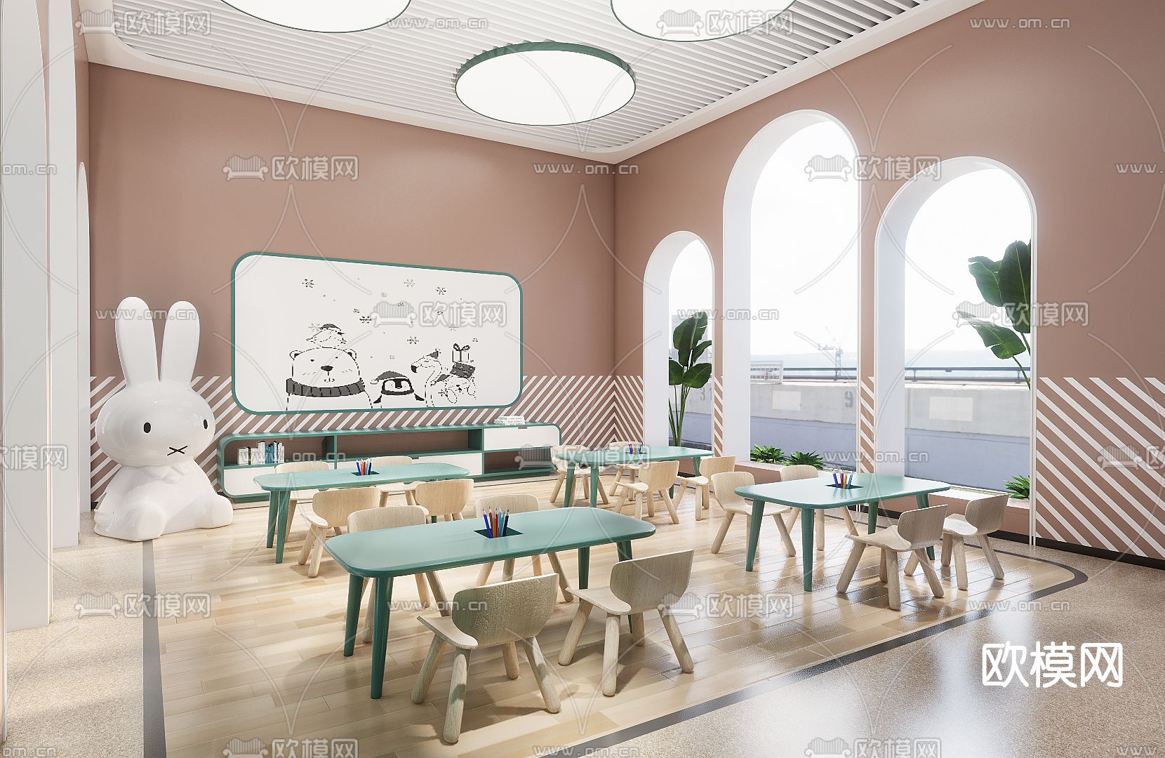 现代幼儿园教室su模型下载（渲染图1）