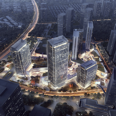  现代办公园区鸟瞰夜景su模型 