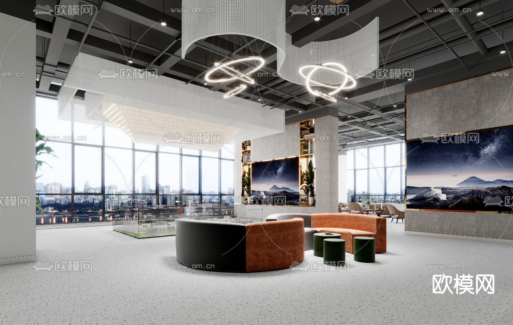 现代办公大堂前台3d模型下载（渲染图2）