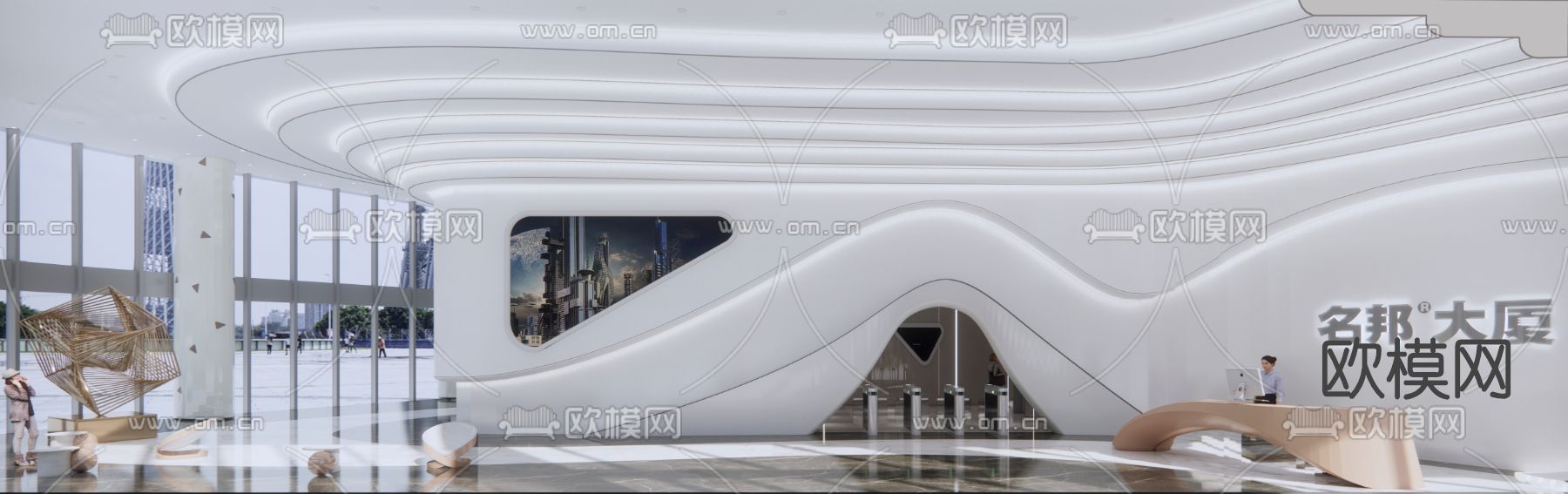 现代写字楼大堂前台su模型下载（渲染图3）
