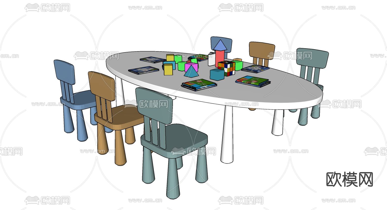 现代椭圆儿童桌椅su模型下载（渲染图2）