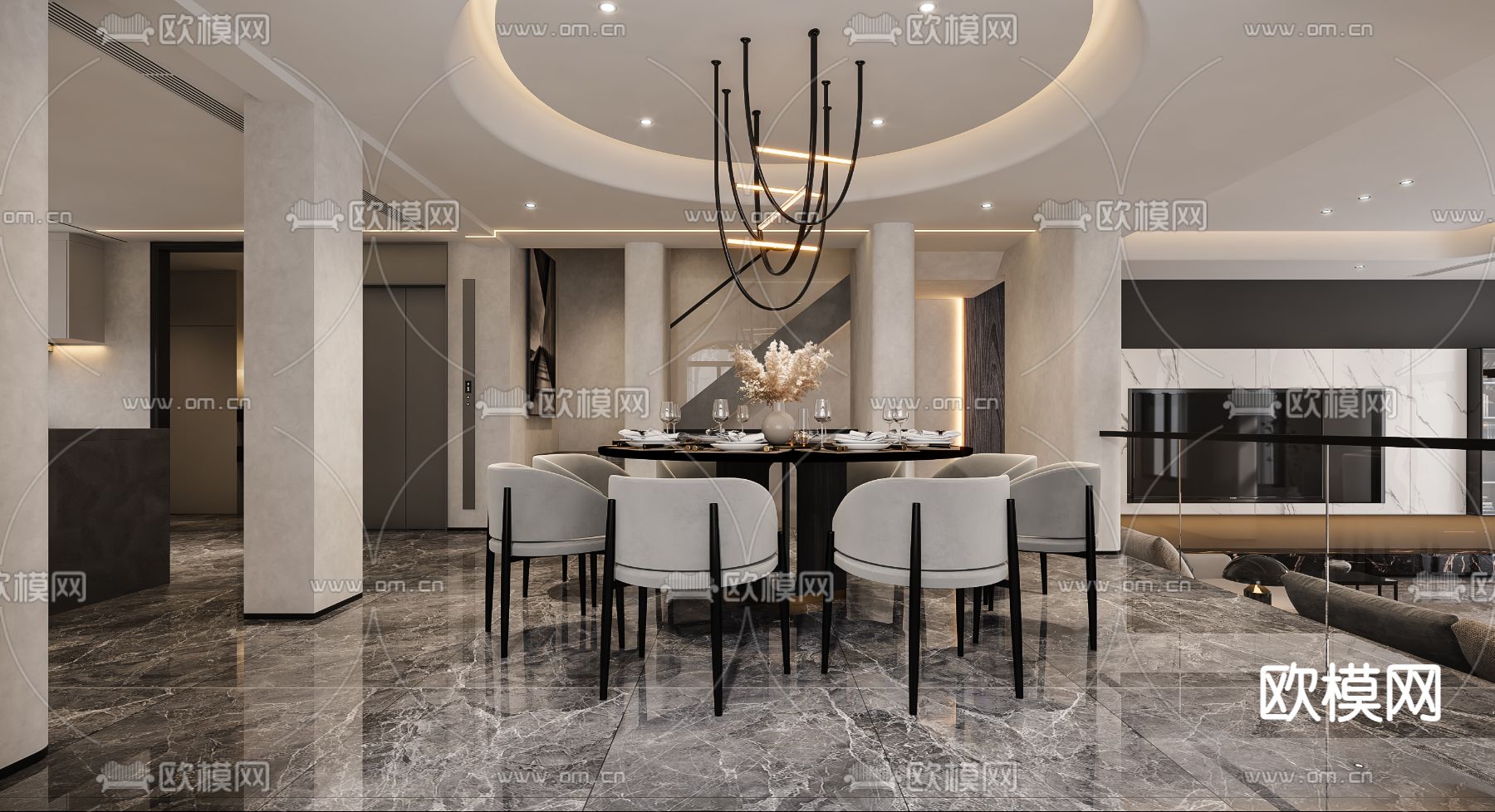 侘寂风跃层客厅餐厅3d模型下载（渲染图5）