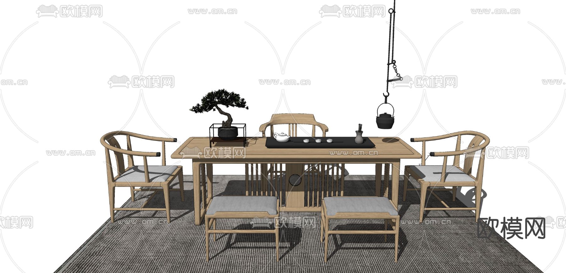 新中式实木茶桌椅su模型下载