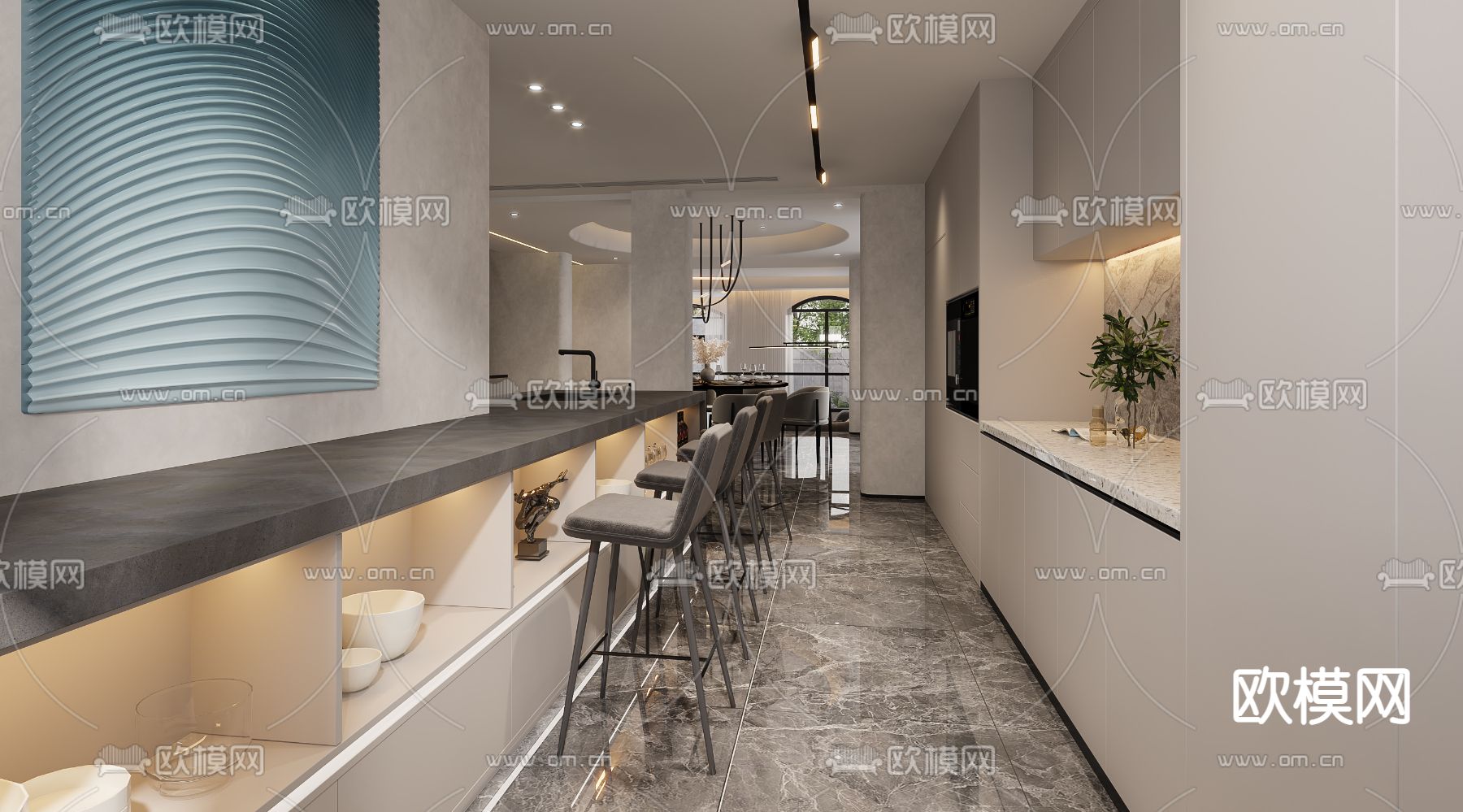 侘寂风跃层客厅餐厅3d模型下载（渲染图4）