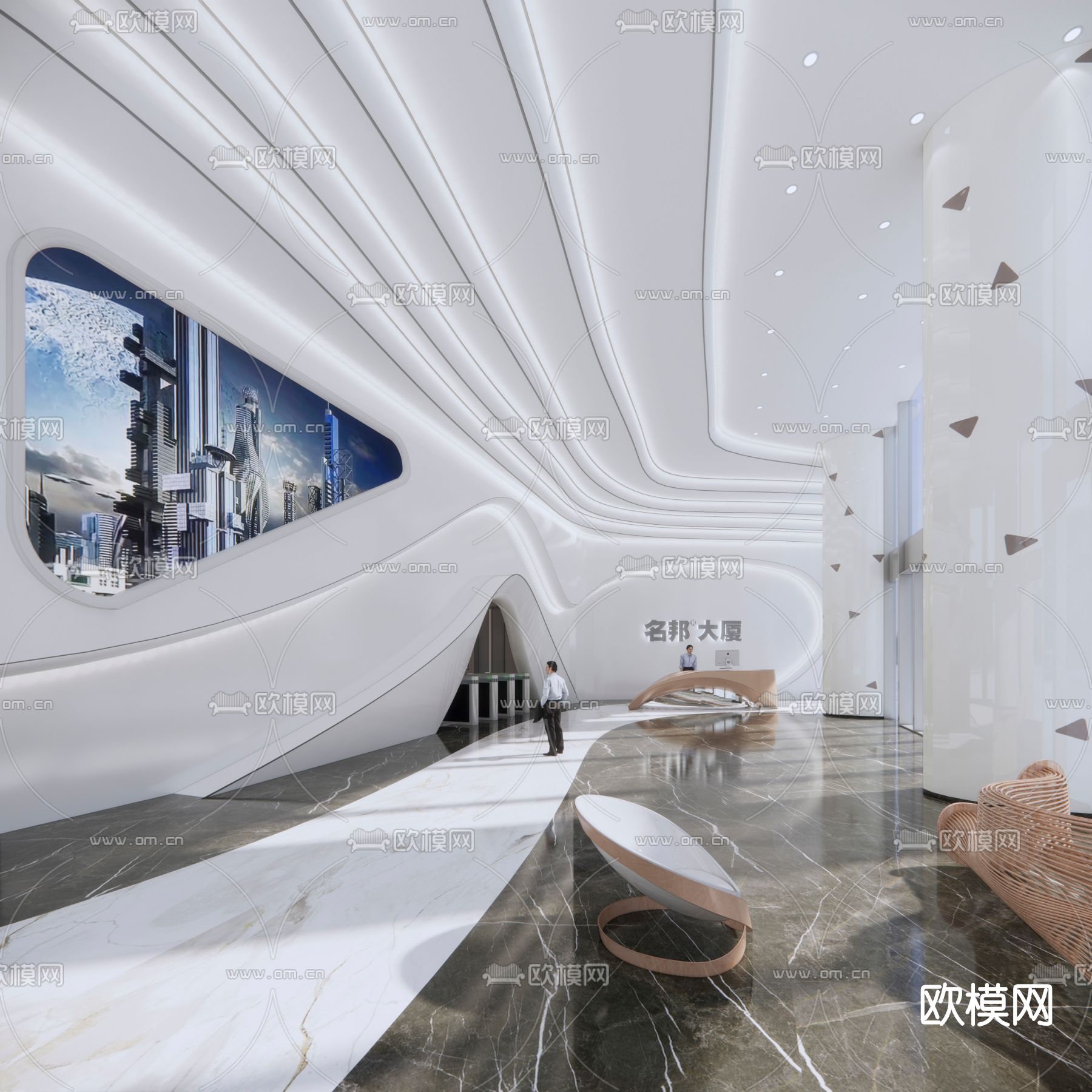 现代写字楼大堂前台su模型下载（渲染图1）