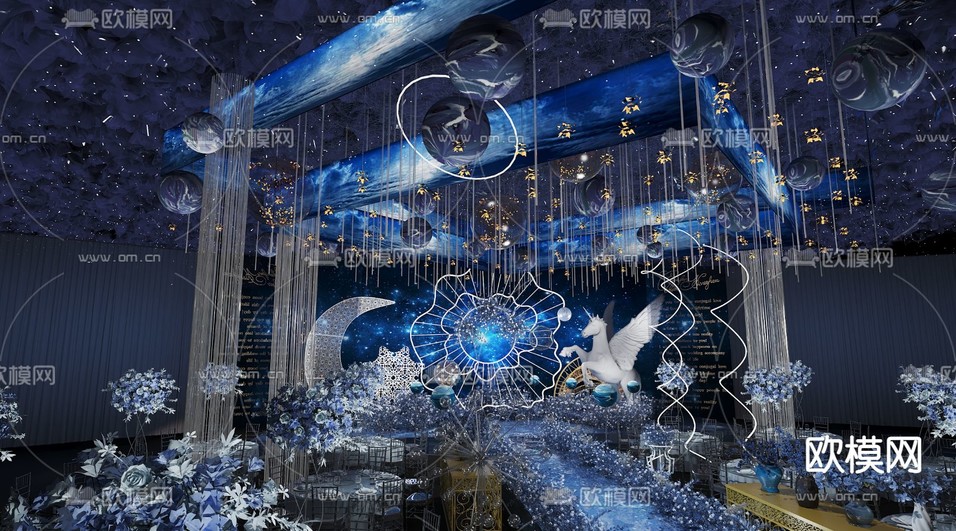 现代酒店婚礼宴会厅3d模型下载(渲染图1)
