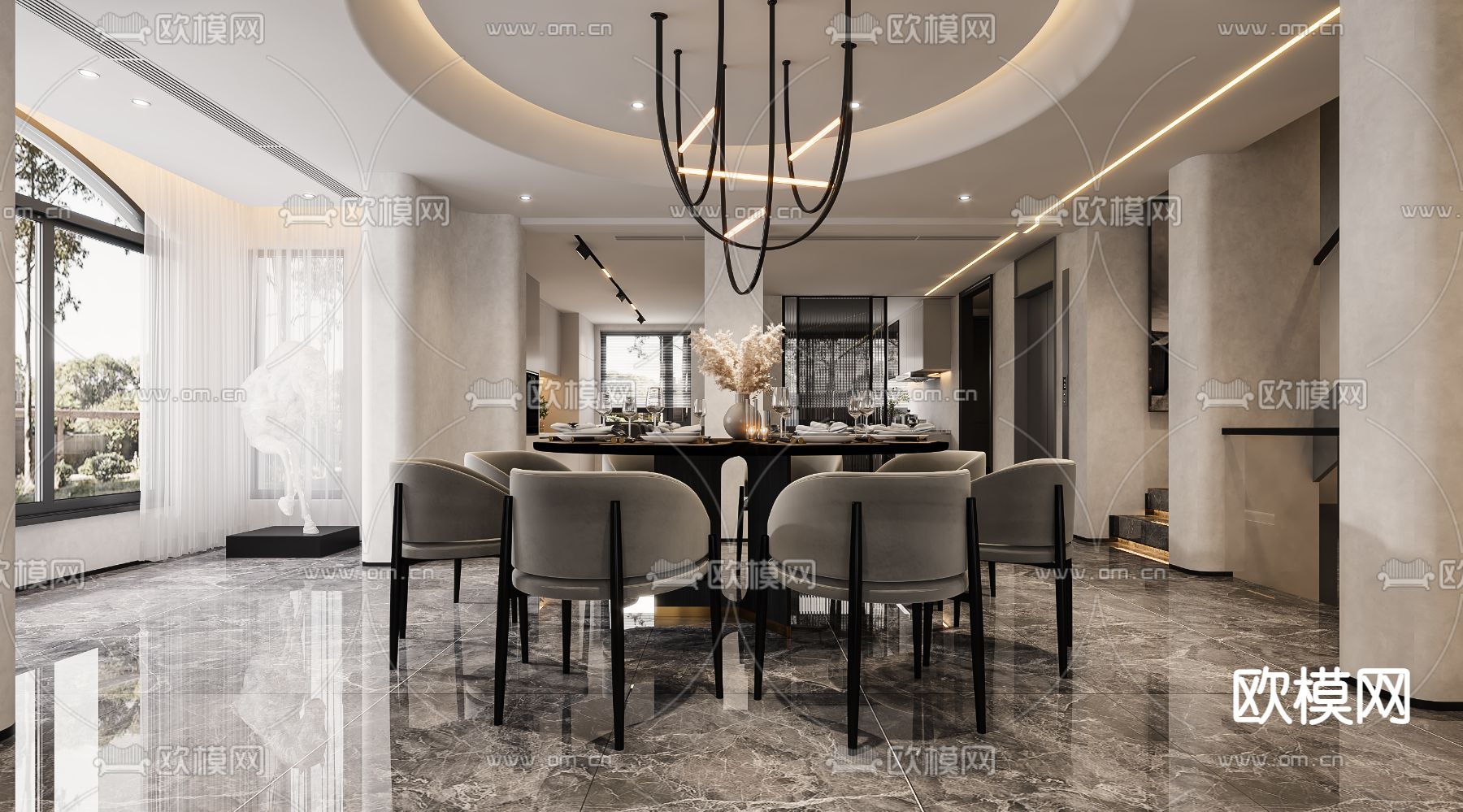 侘寂风跃层客厅餐厅3d模型下载（渲染图6）