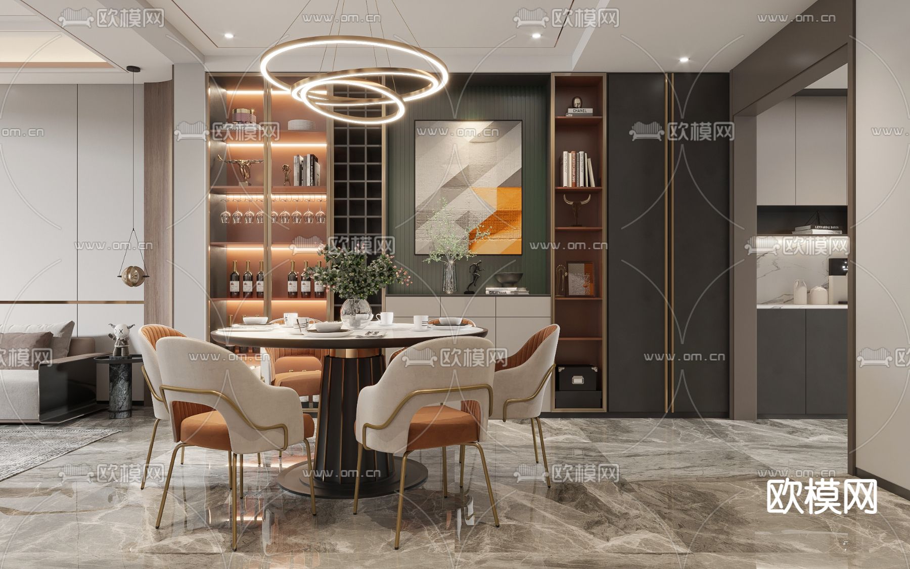 现代复式客餐厅3d模型下载（渲染图3）