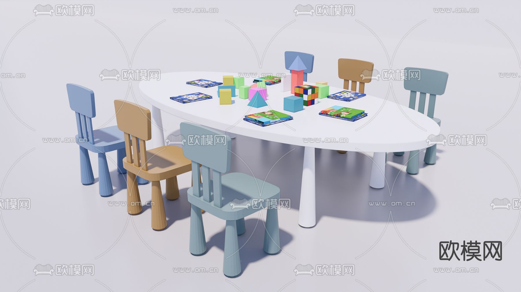 现代椭圆儿童桌椅su模型下载（渲染图1）
