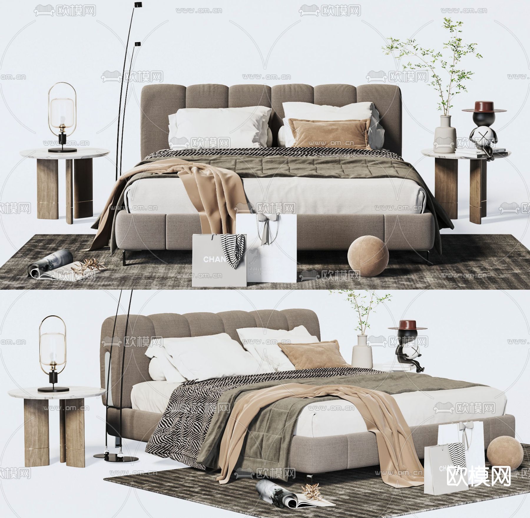 侘寂布艺双人床3d模型下载