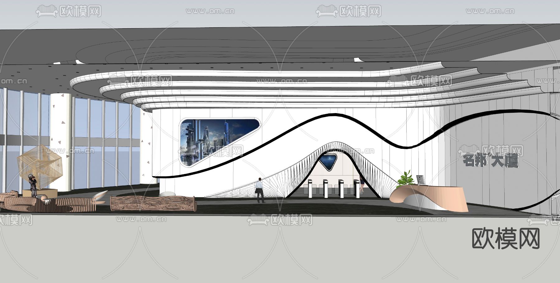 现代写字楼大堂前台su模型下载（渲染图4）