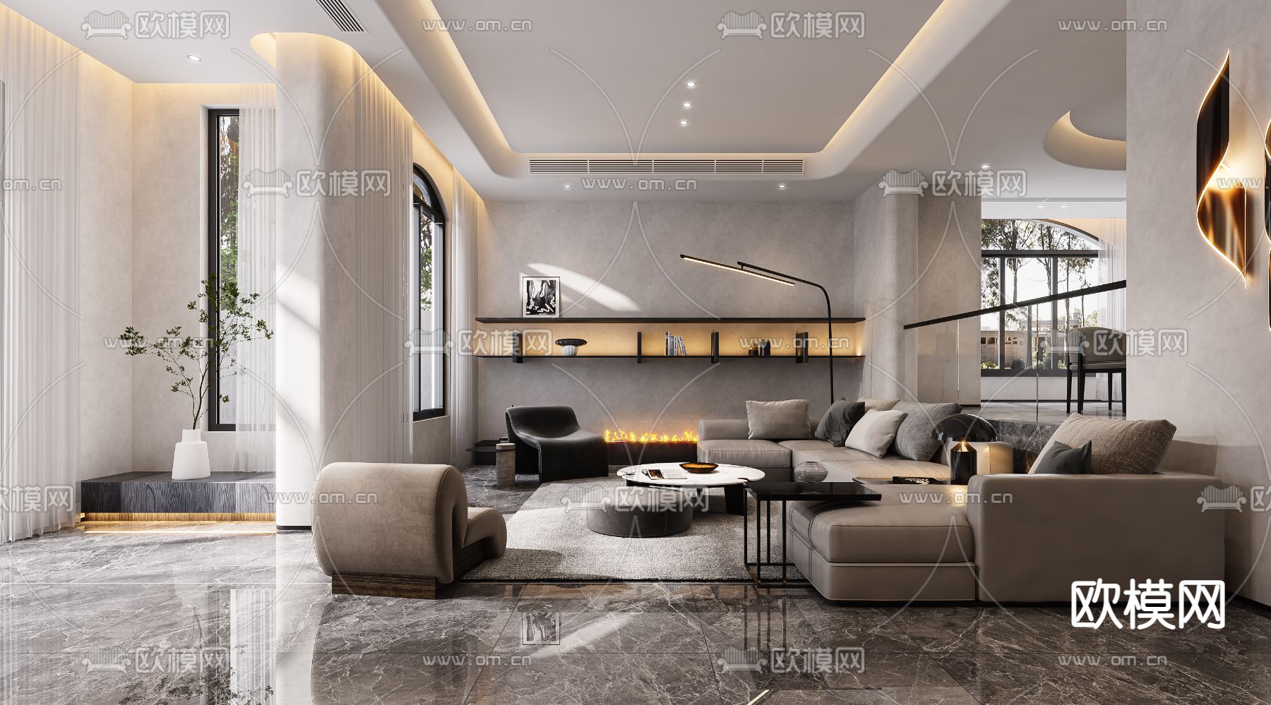 侘寂风跃层客厅餐厅3d模型下载（渲染图2）