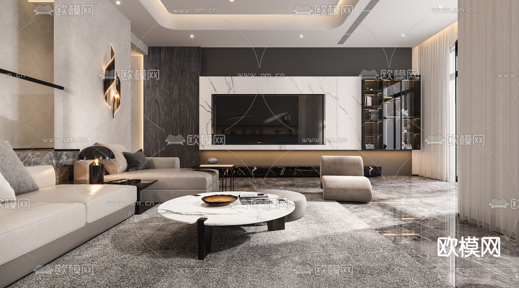 侘寂风跃层客厅餐厅3d模型下载（渲染图3）