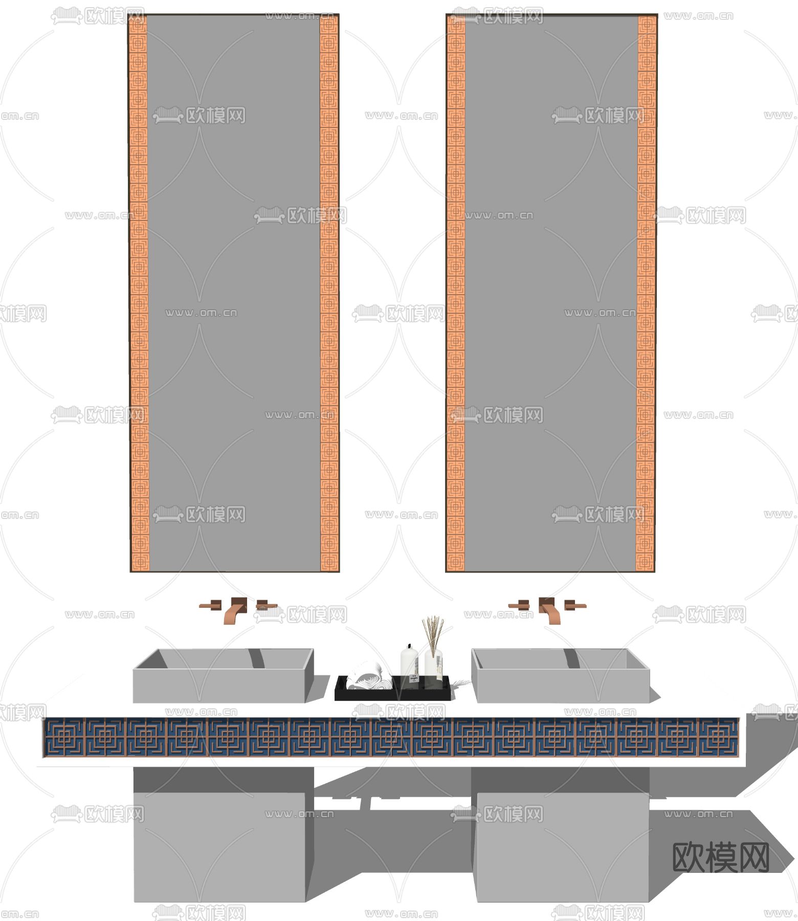 新中式公用洗手台su模型下载