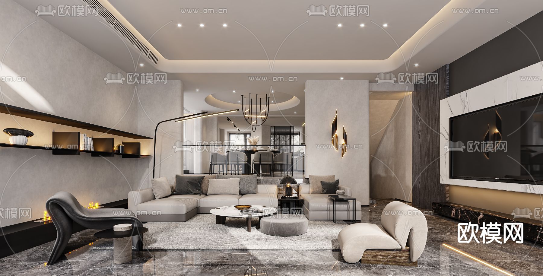 侘寂风跃层客厅餐厅3d模型下载（渲染图1）