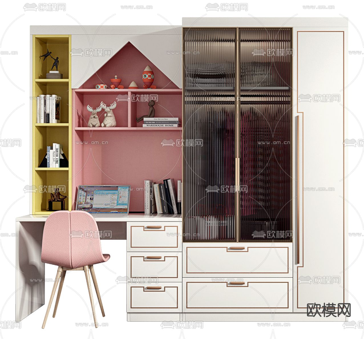 北欧一体式书桌椅3d模型下载（渲染图2）