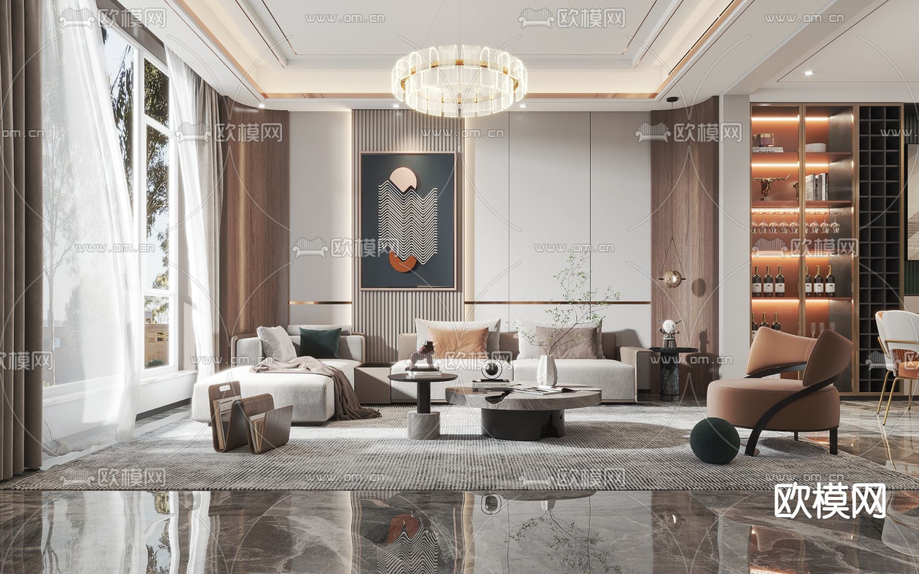 现代复式客餐厅3d模型下载（渲染图1）