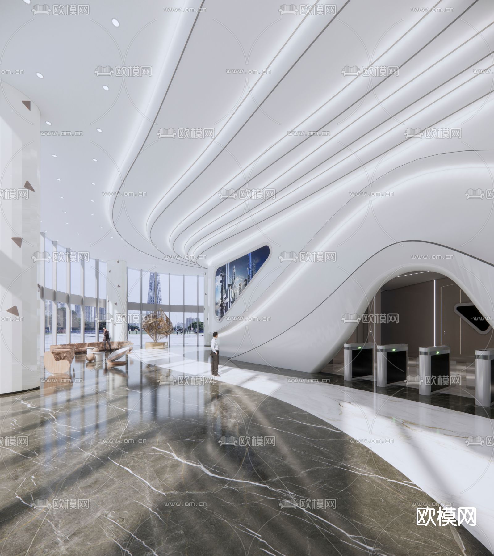 现代写字楼大堂前台su模型下载（渲染图2）