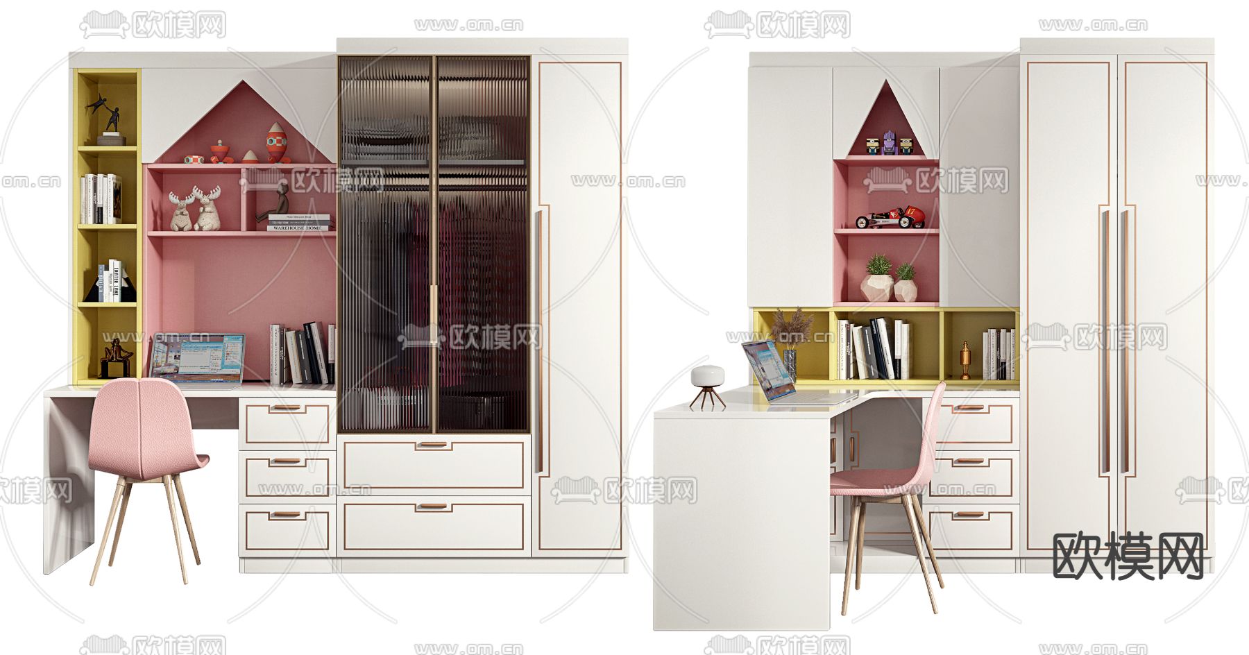 北欧一体式书桌椅3d模型下载（渲染图1）