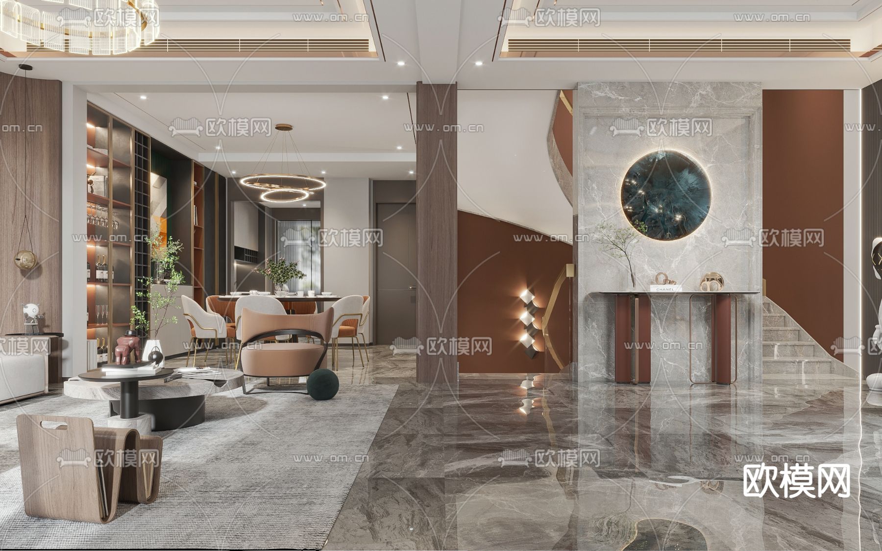 现代复式客餐厅3d模型下载（渲染图2）