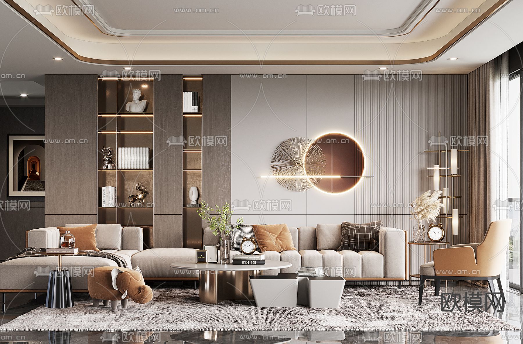 现代布艺转角沙发组合3d模型下载（渲染图1）