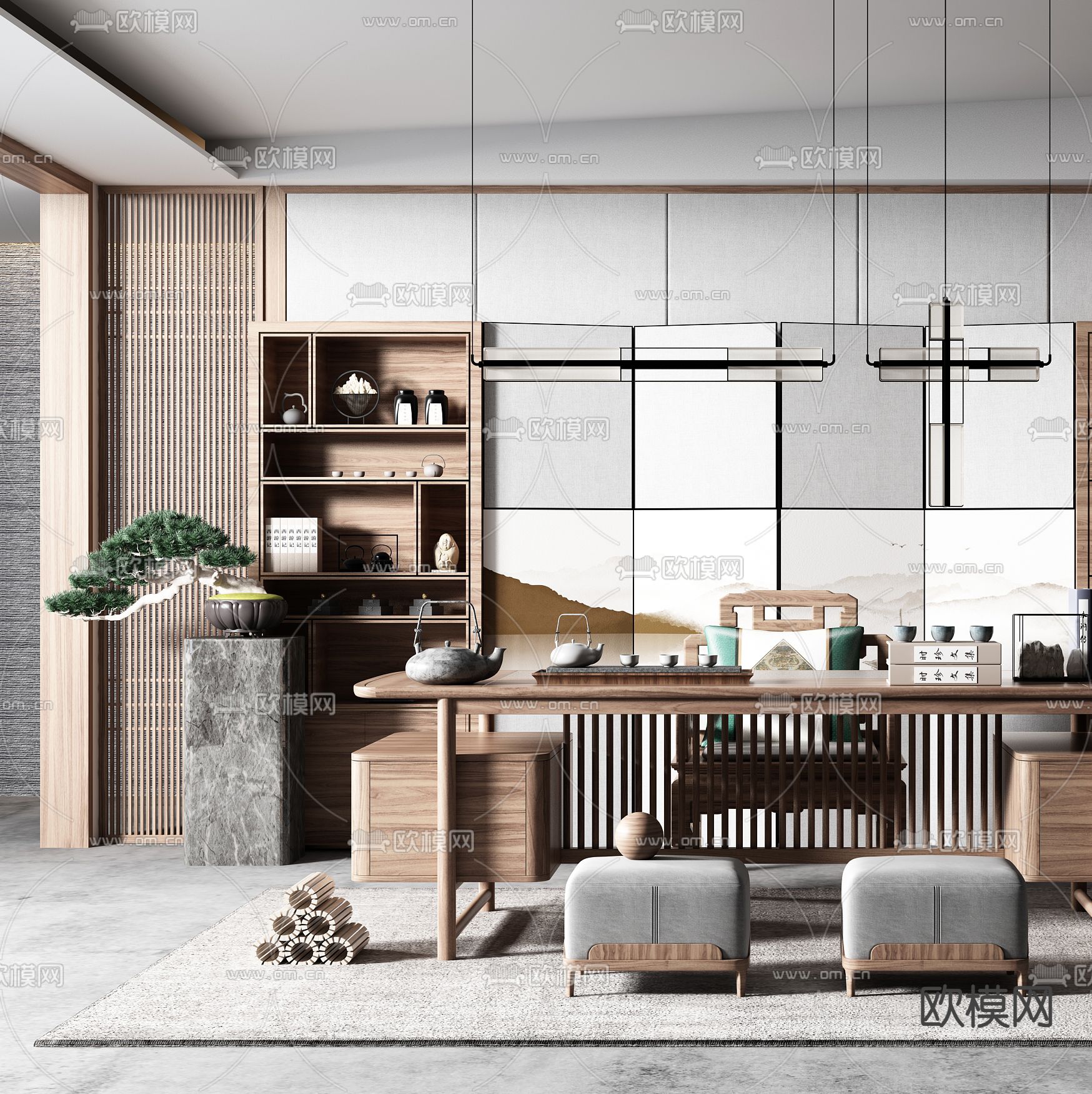 新中式实木茶桌椅3d模型下载（渲染图2）