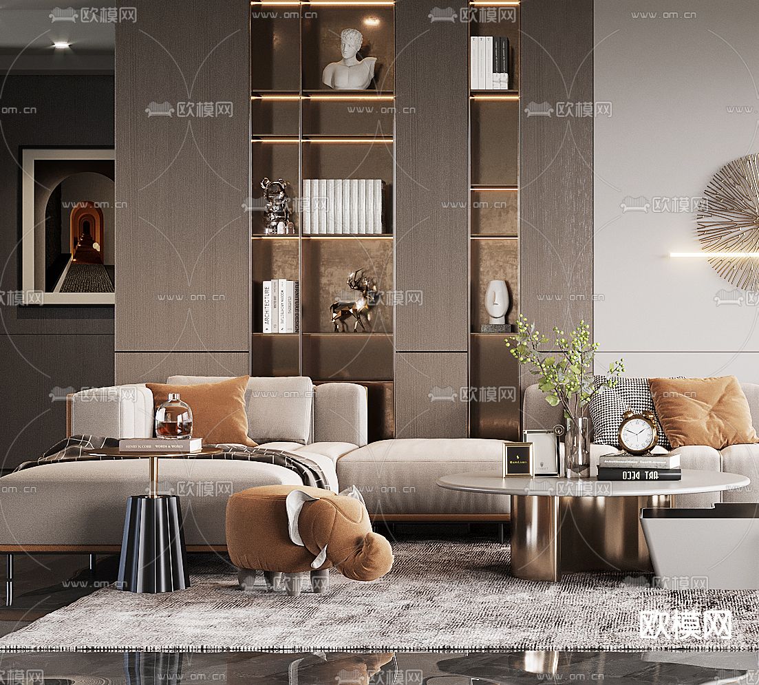 现代布艺转角沙发组合3d模型下载（渲染图2）