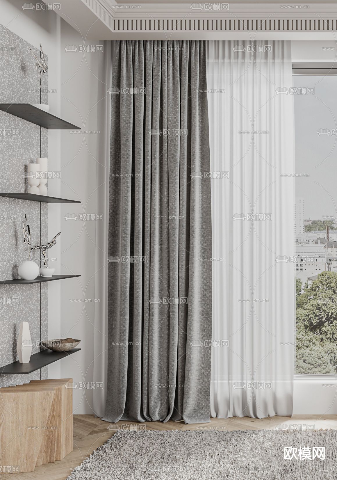 现代布艺窗帘3d模型下载（渲染图2）